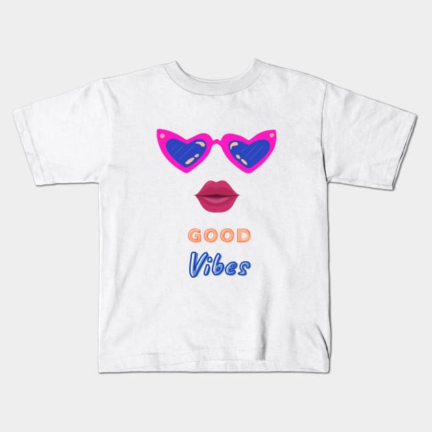 Good Vibes positive wave. Pink Sunglasses and girly Red Lips Kids T-Shirt by AliensRich